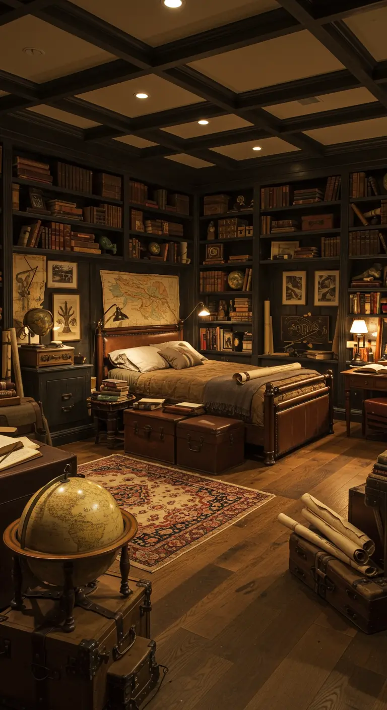 Dormitorio estilo biblioteca con paredes de estanterías, mapas antiguos y globos terráqueos.