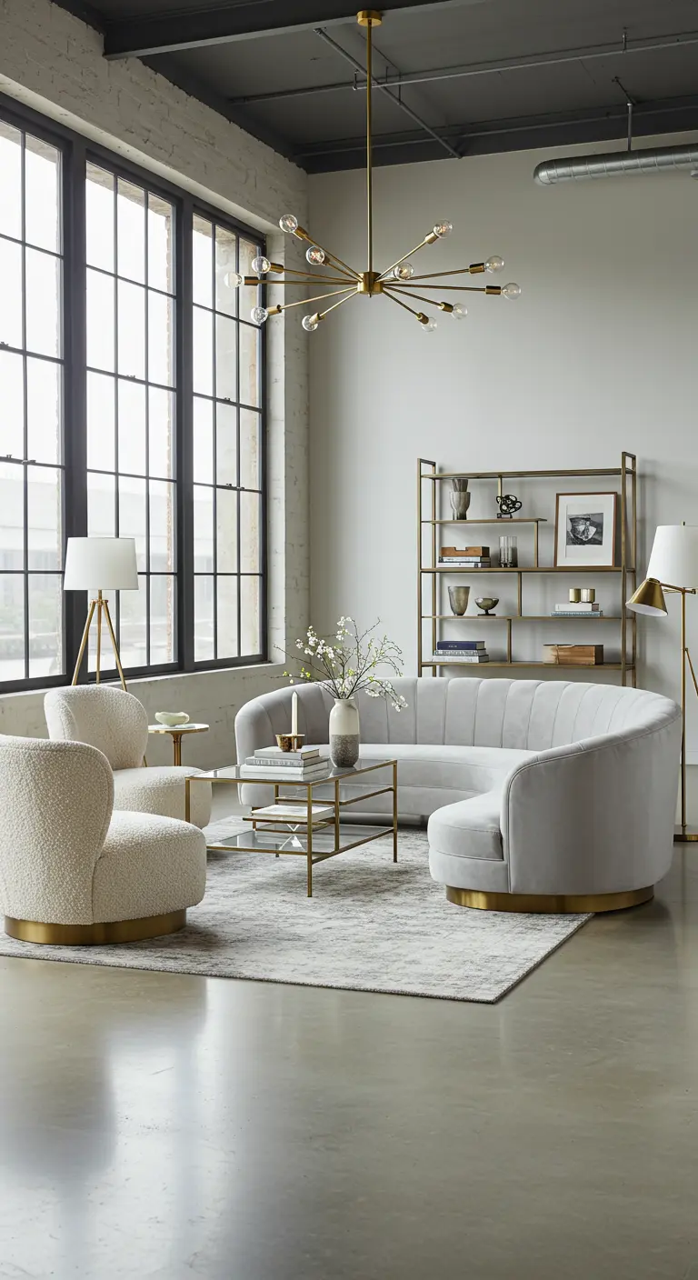 Elegante salón industrial con un sofá curvo de tela bouclé y detalles en latón.