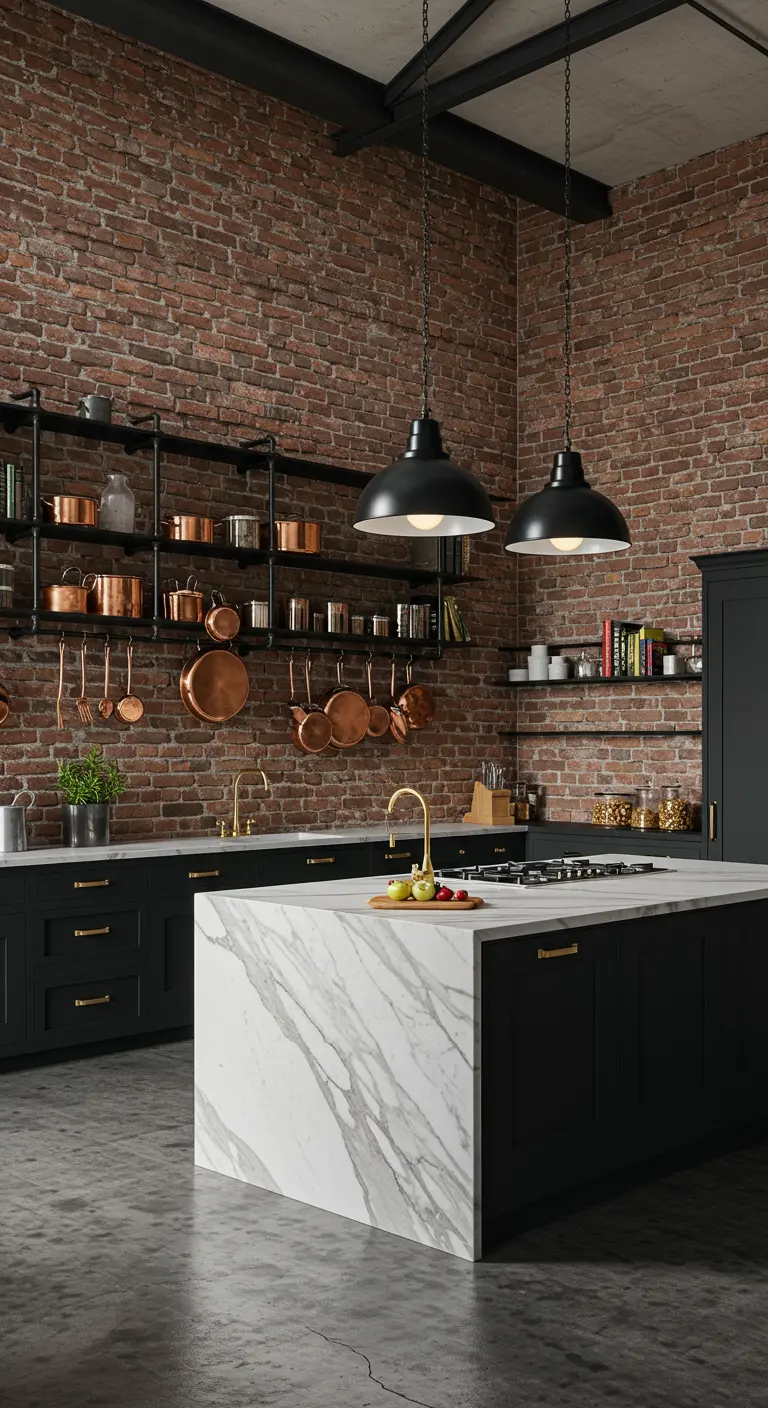 Cocina industrial con pared de ladrillo, estanterías de tubería negra y detalles en cobre.