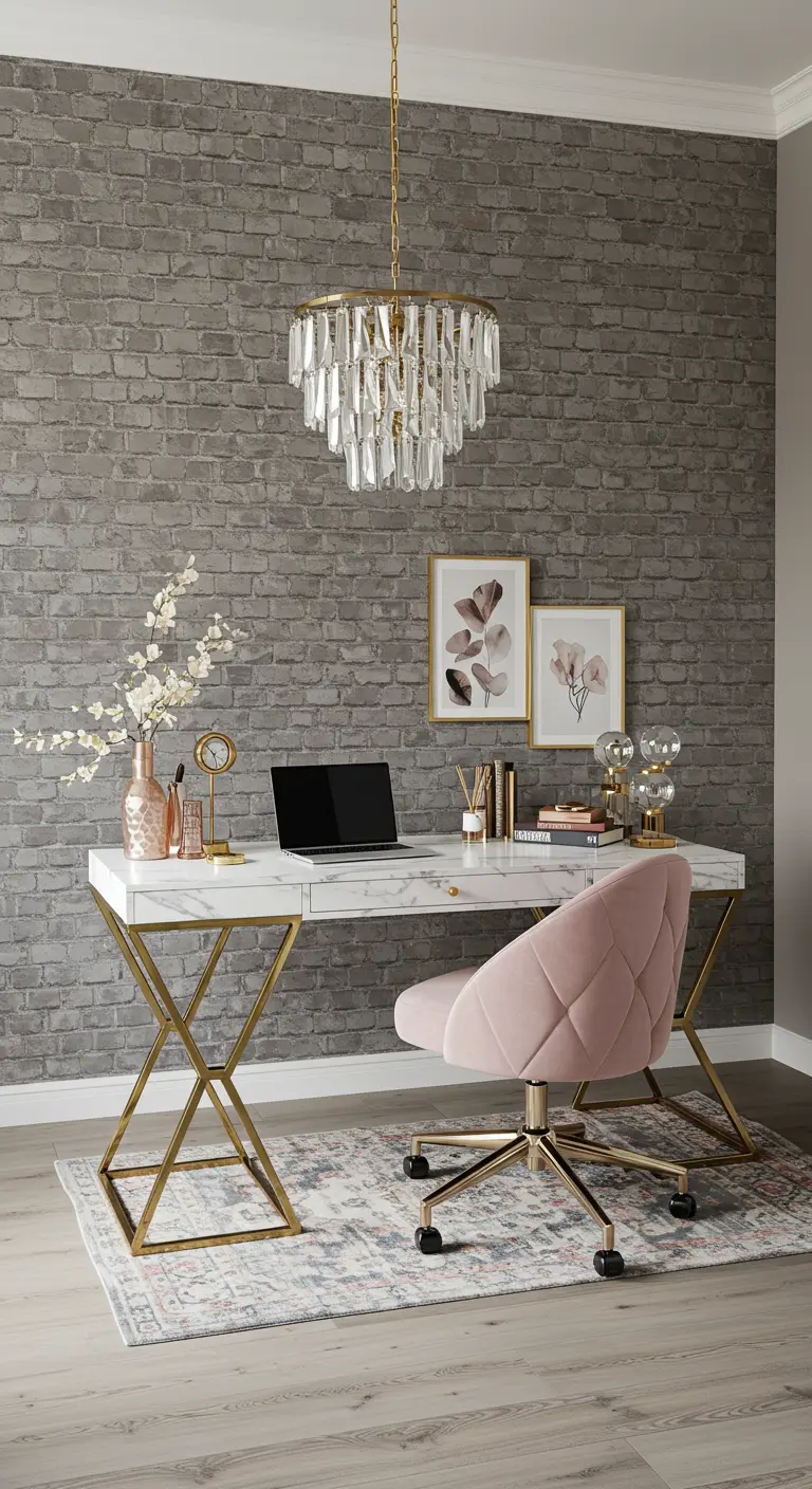 Oficina femenina con pared de ladrillo gris, lámpara de cristal y una silla de terciopelo rosa.