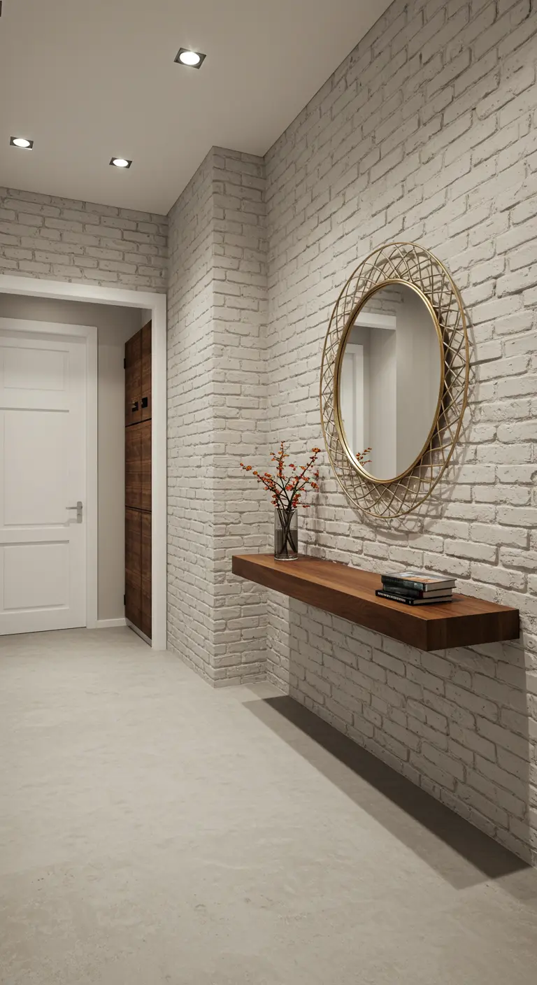 Recibidor con pared de ladrillo blanco, balda flotante de madera y espejo dorado redondo.