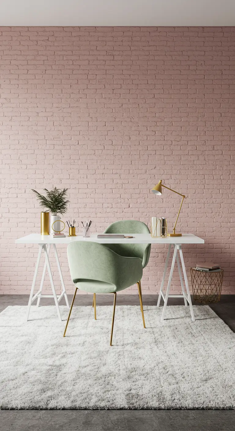 Oficina en casa con pared de ladrillo pintada de rosa pastel y una silla de color verde salvia.