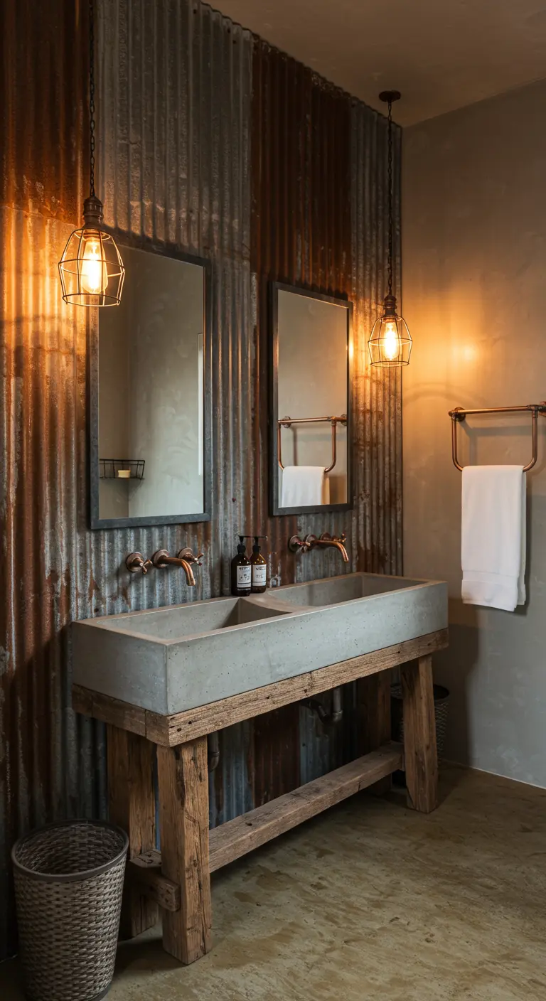 Baño industrial con pared de chapa ondulada, lavabo de hormigón y grifos de cobre.