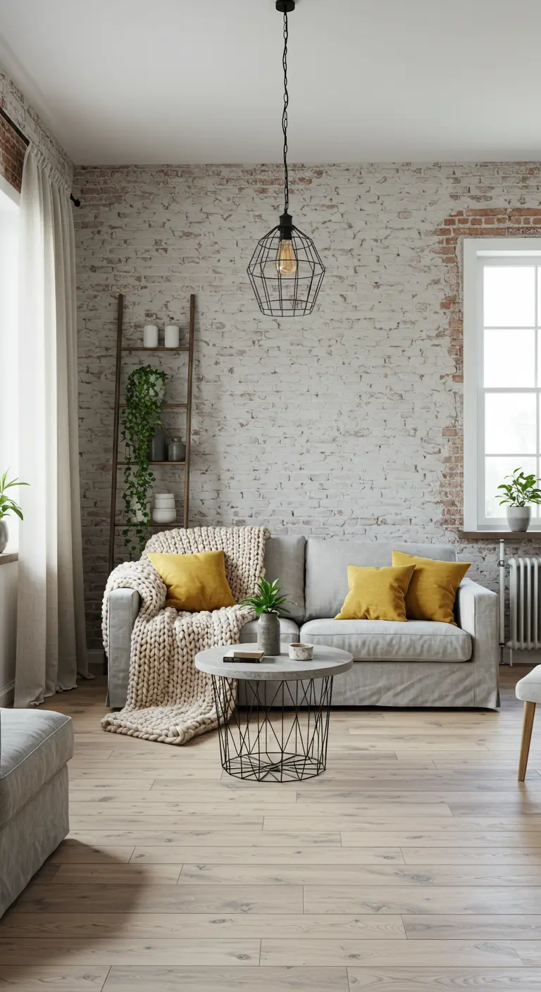 Sala de estar de estilo industrial-escandinavo con pared de ladrillo blanco y cojines amarillos.