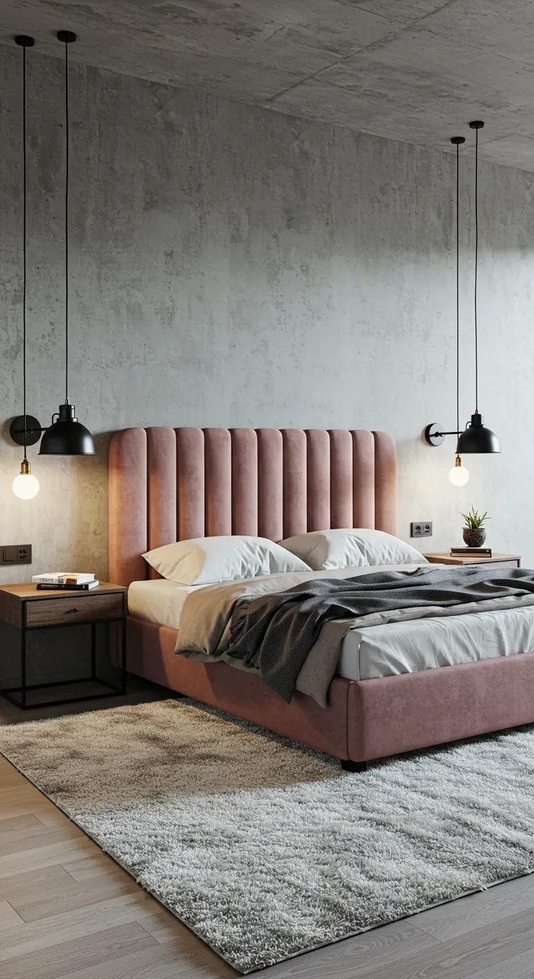 Dormitorio industrial con paredes de cemento y un llamativo cabecero de terciopelo rosa