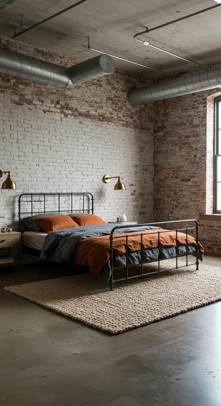 Dormitorio industrial con pared de ladrillo, cama de metal negro y alfombra de yute.