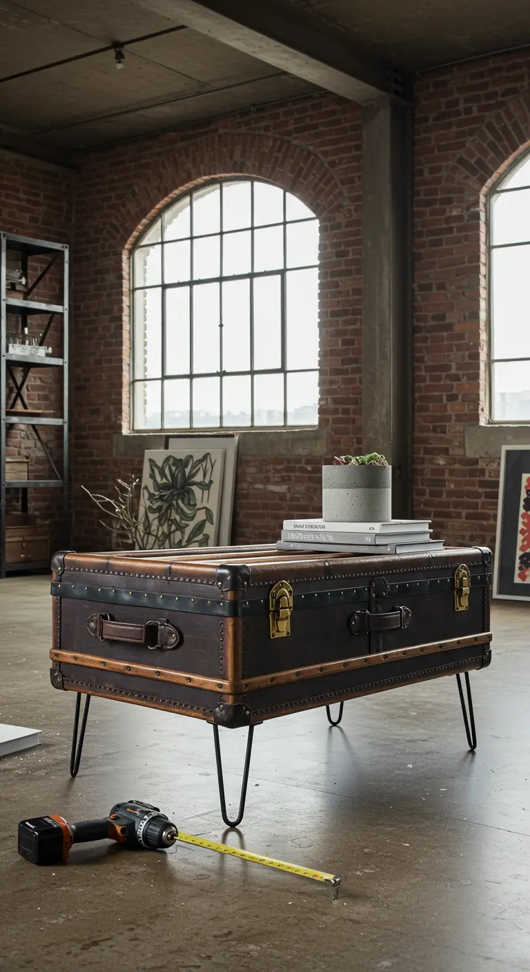 Maleta de cuero oscuro con patas de horquilla metálicas en un loft de ladrillo visto.