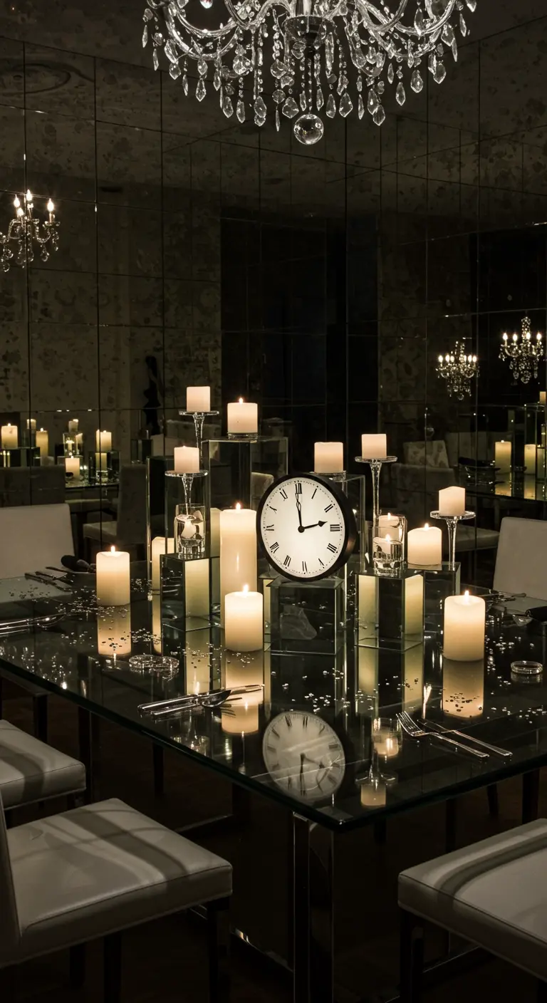 Mesa de espejo con un reloj y docenas de velas creando reflejos infinitos.