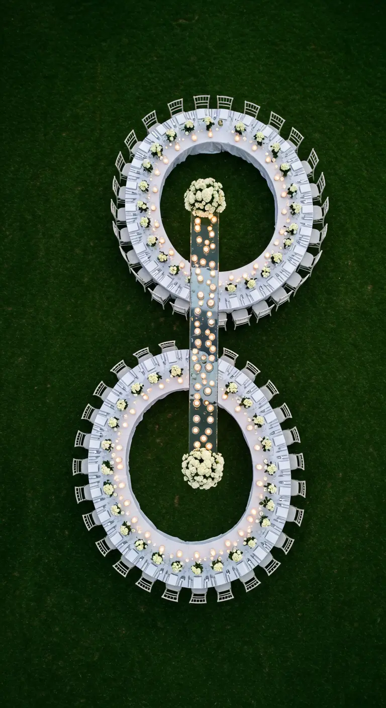 Vista aérea de dos mesas de banquete circulares formando un ocho sobre el césped.