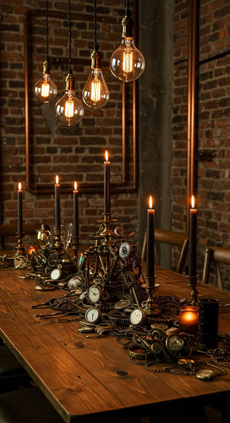 Centro de mesa steampunk con engranajes, relojes de bolsillo y velas negras sobre una mesa de madera.