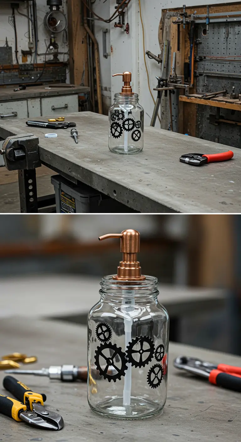Dispensador de jabón de vidrio decorado con pegatinas de engranajes y un dosificador de cobre.