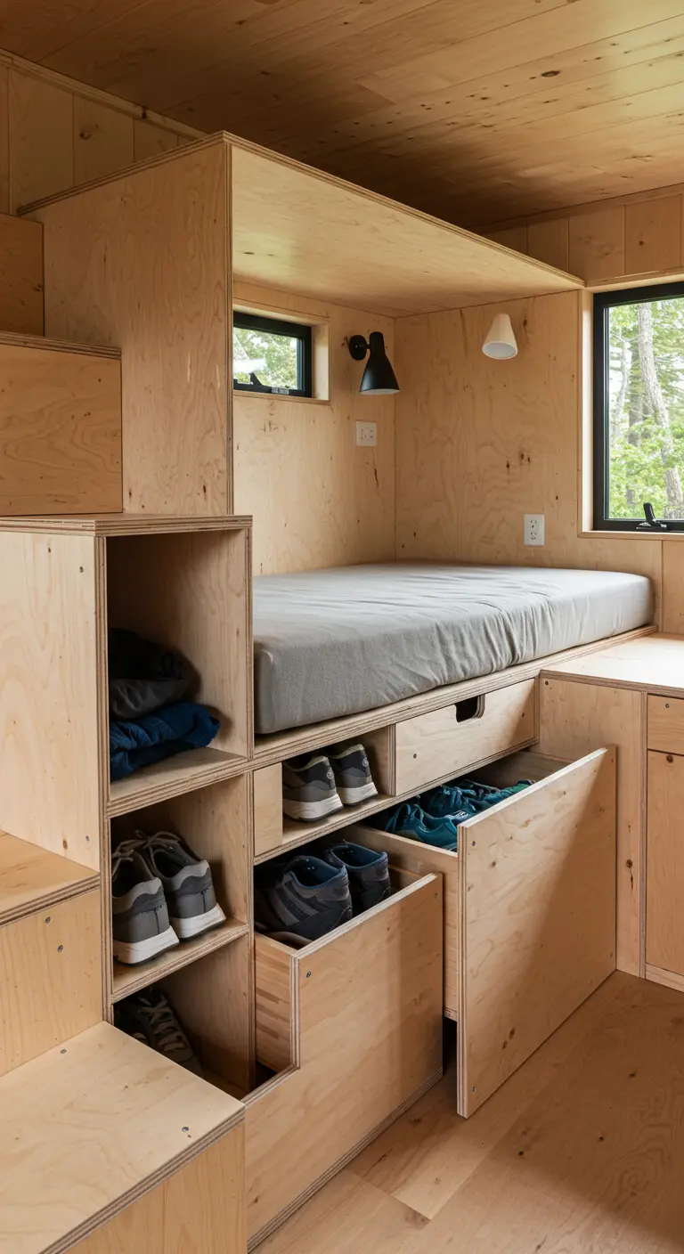 Cama elevada de contrachapado en una cabina, con cajones y estantes integrados en la estructura.