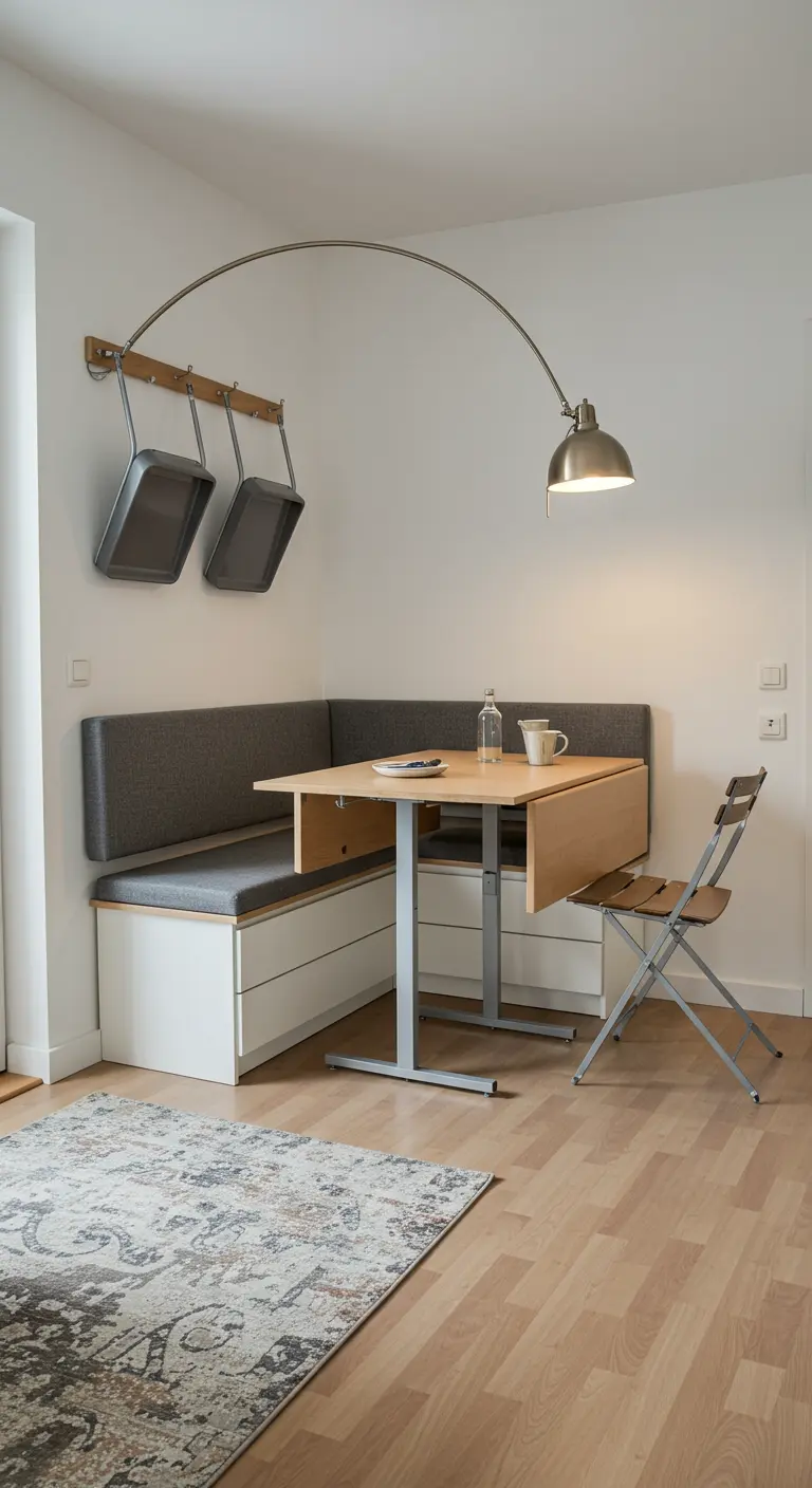 Comedor pequeño con banco y mesa plegable de pared, y lámpara de brazo articulado.