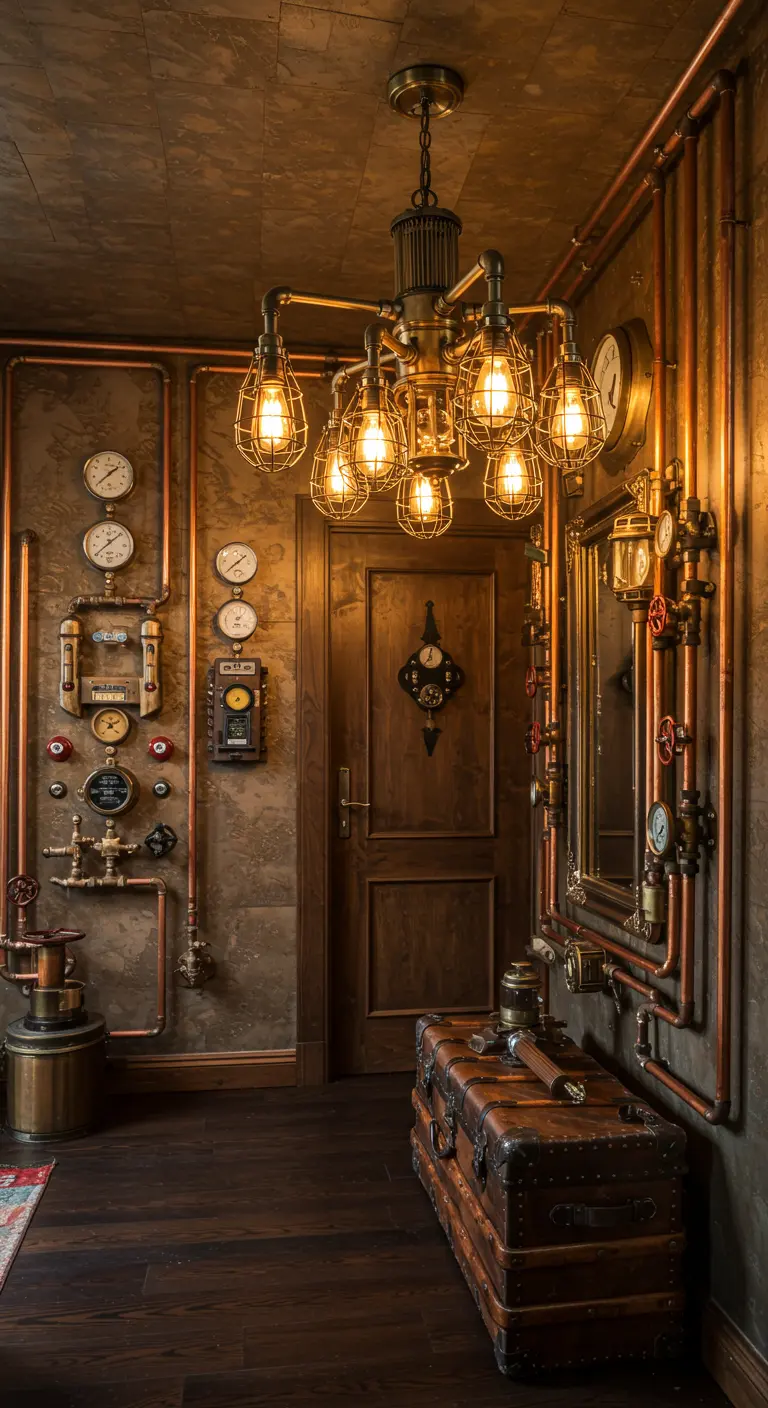 Lámpara de araña estilo Steampunk con tuberías y bombillas Edison en un recibidor temático.