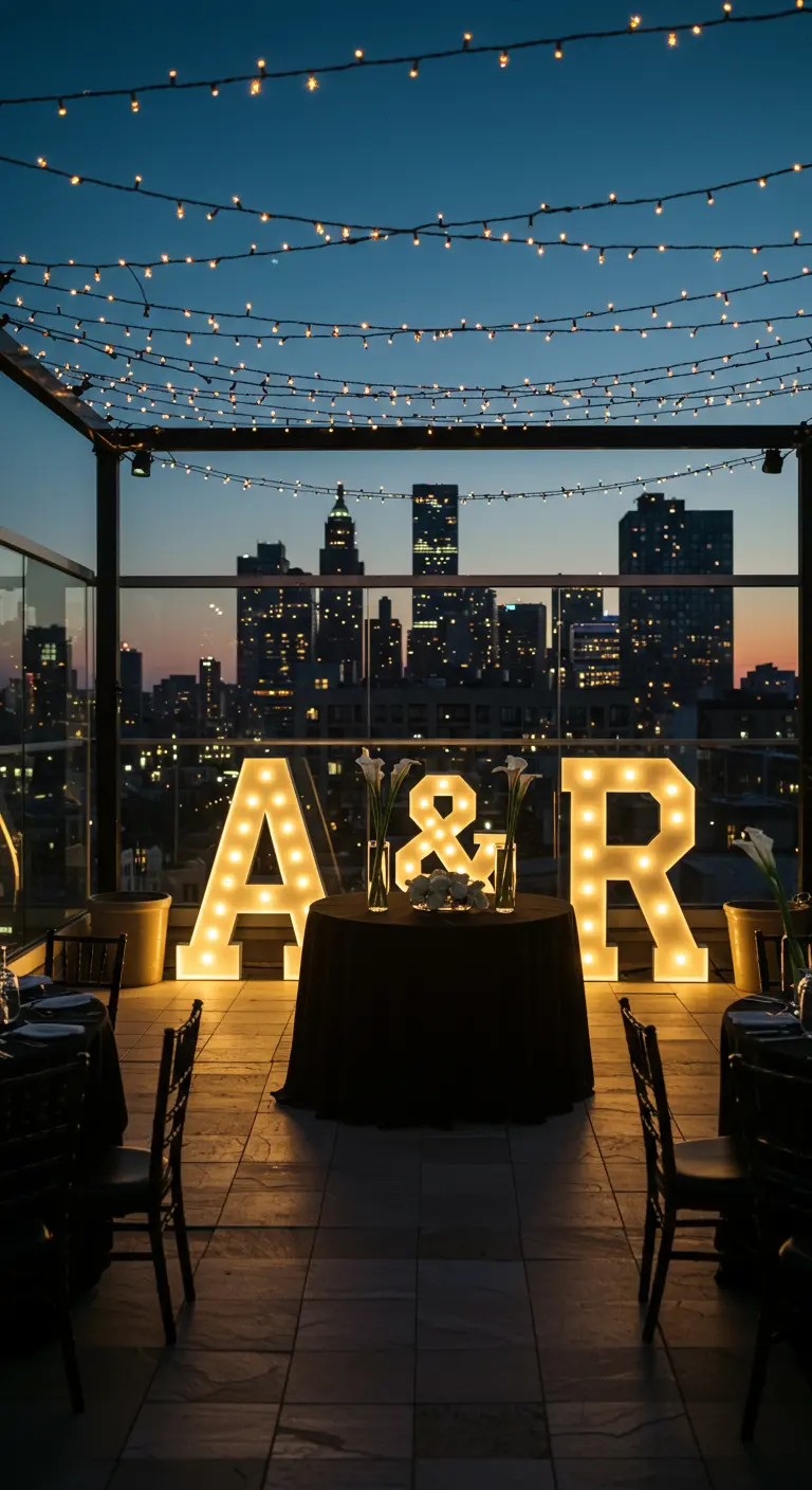 Iniciales A&R luminosas en una azotea con el skyline de la ciudad de fondo al atardecer.