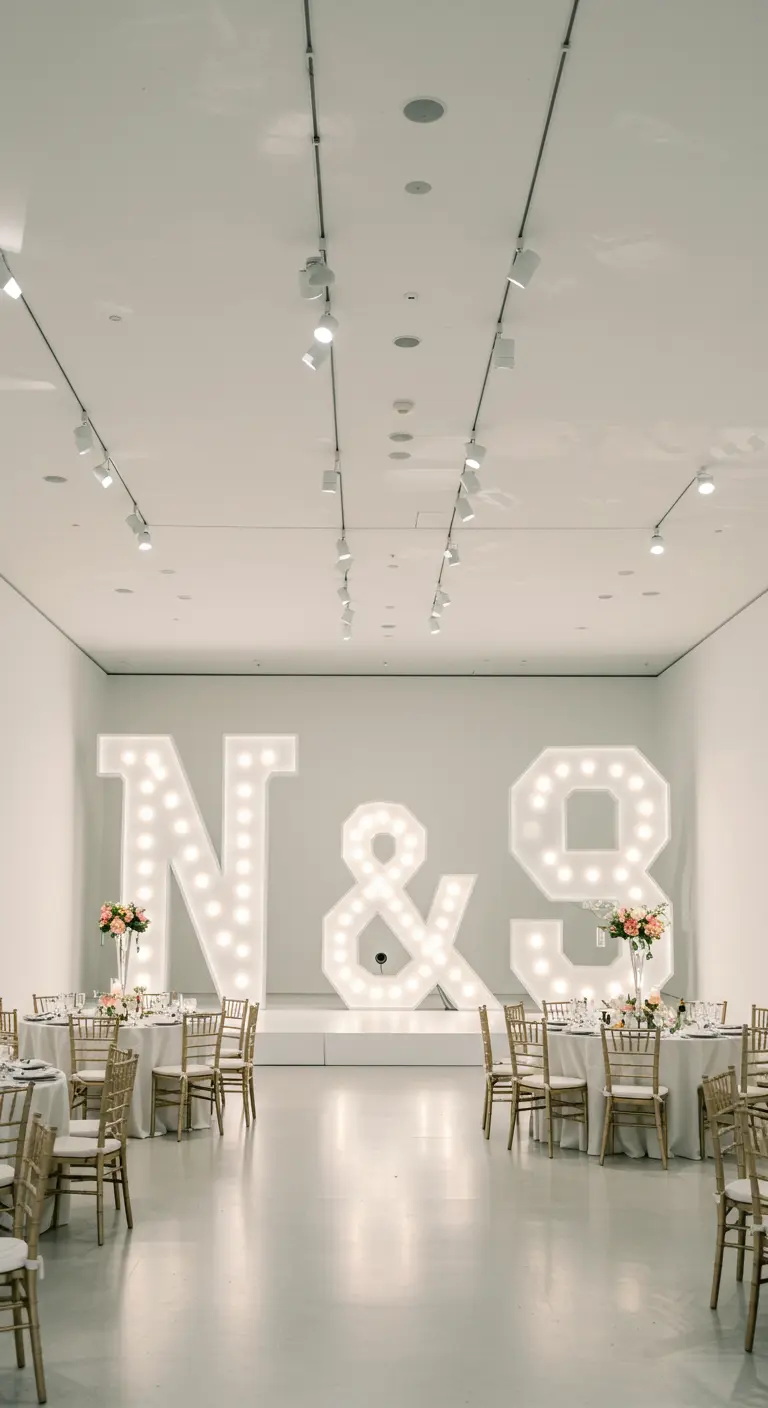 Iniciales y número luminosos N&9 en una sala de recepción minimalista tipo galería de arte.