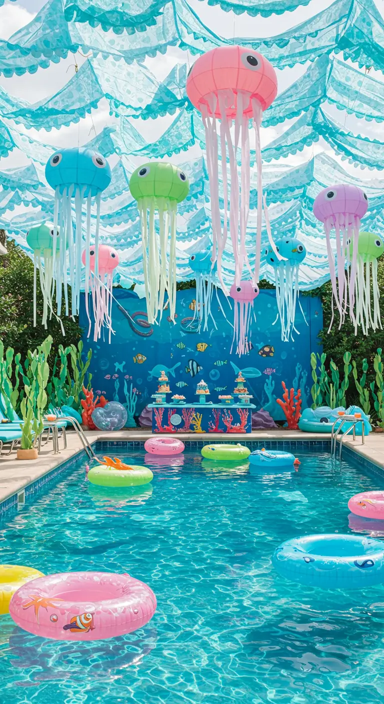 Fiesta junto a la piscina con temática submarina y medusas de papel de colores colgando.