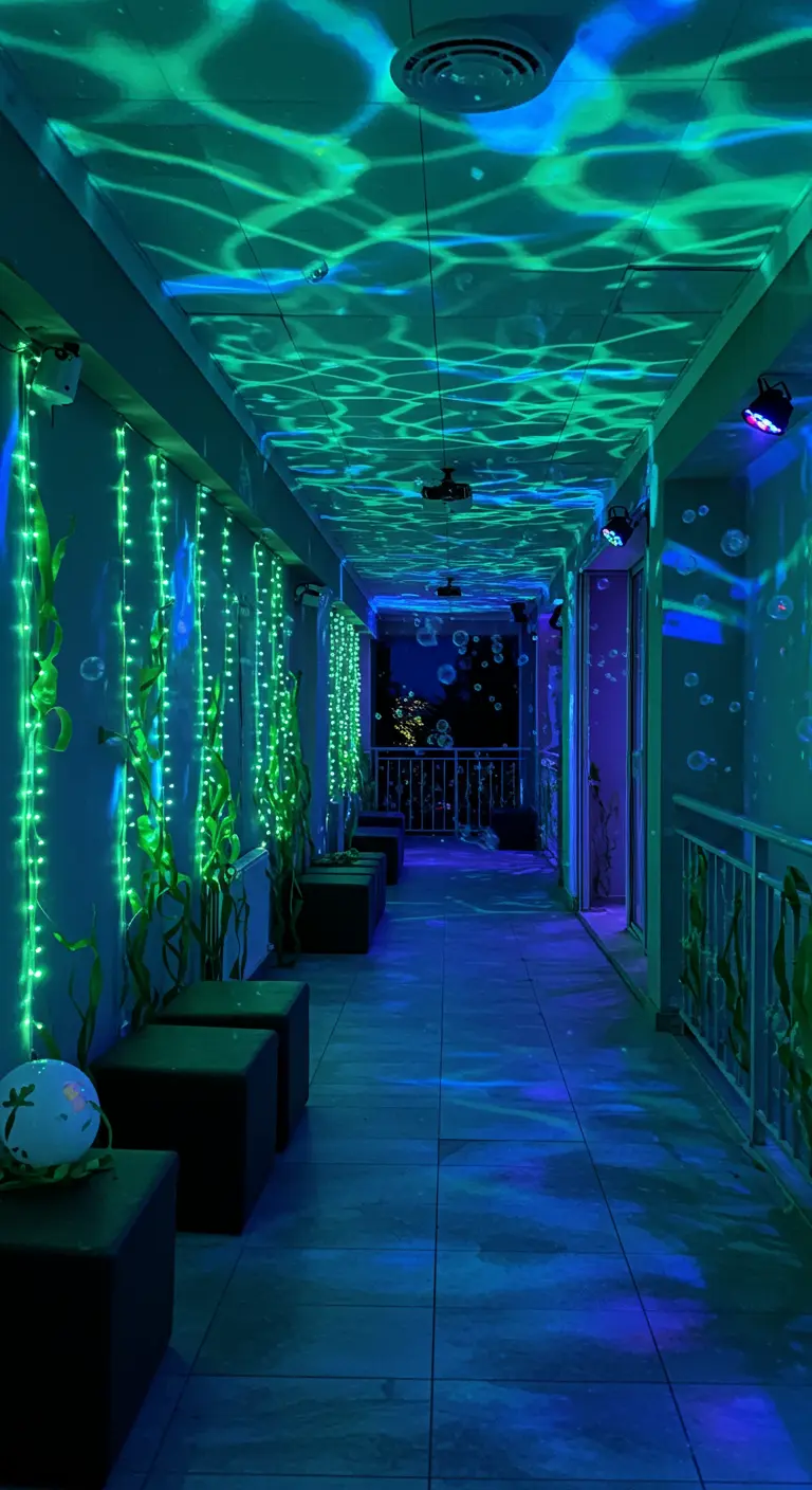 Pasillo de un balcón decorado para simular estar bajo el agua, con luces verdes y proyecciones de ondas