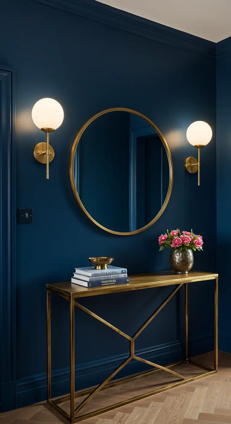 Recibidor elegante con paredes azul oscuro, consola y espejo redondo en dorado y apliques de globo