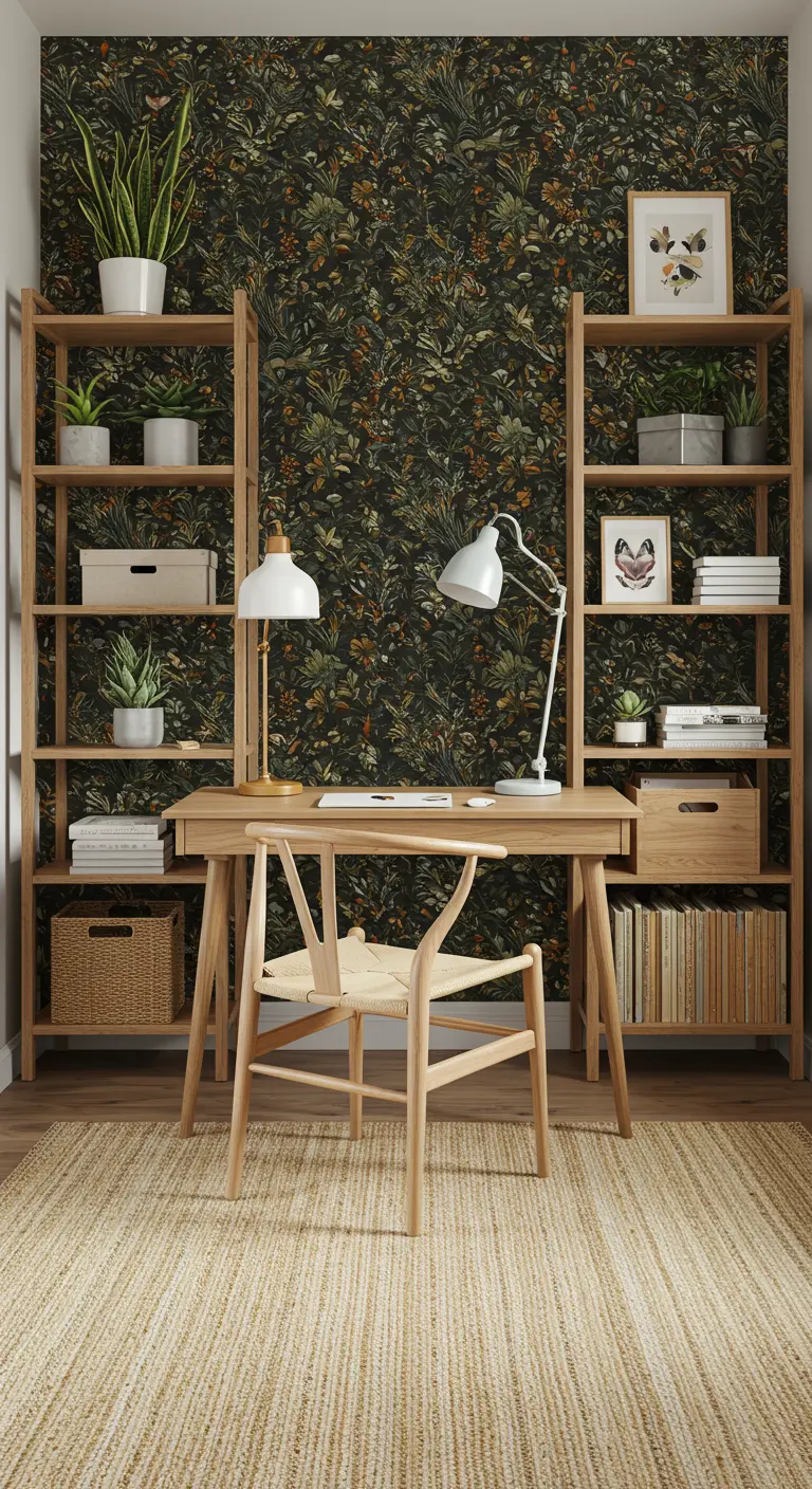 Oficina en casa con un audaz papel pintado botánico oscuro y estanterías de madera clara.