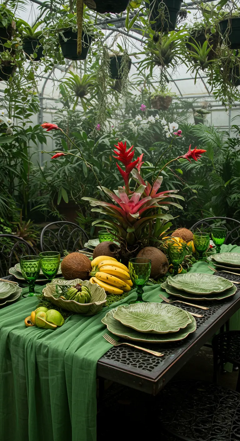 Mesa en un invernadero con mantel, platos y copas verdes, rodeada de plantas.