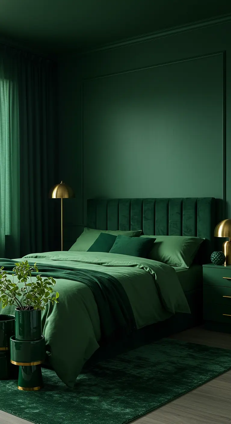 Dormitorio de lujo decorado enteramente en diferentes tonos de verde oscuro, con detalles dorados.