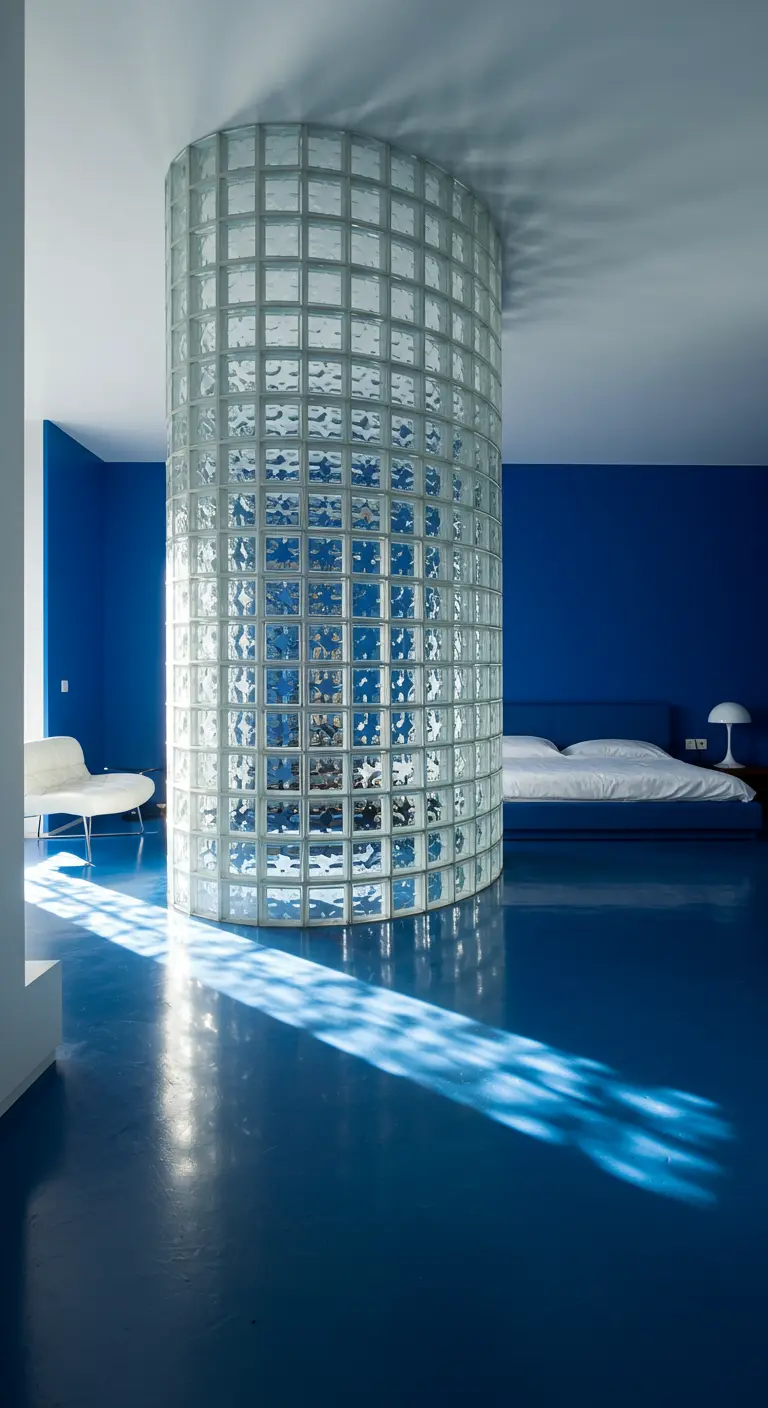 Dormitorio moderno de los 80 con paredes azul cobalto y una pared curva de bloques de vidrio.