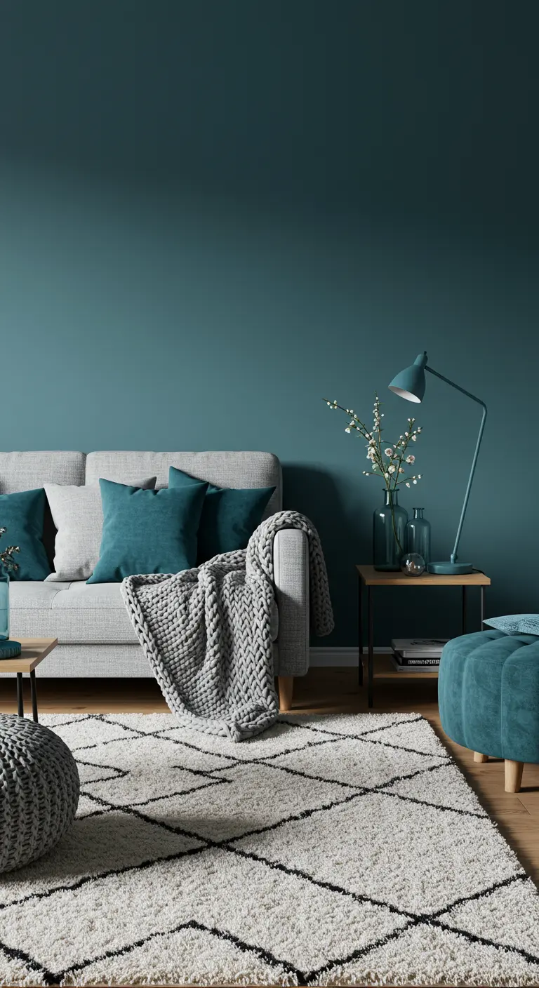 Sala de estar con paredes en azul petróleo, sofá gris claro y textiles con diferentes texturas.