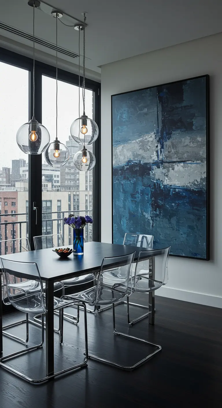 Comedor moderno con un gran cuadro abstracto en tonos azules y sillas transparentes.