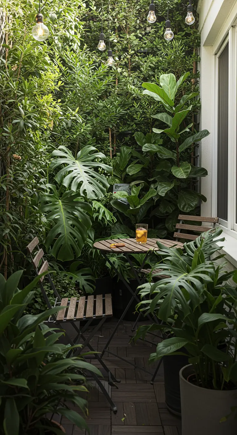 Mesa y sillas plegables de madera oscura en un balcón frondoso rodeado de plantas tropicales.
