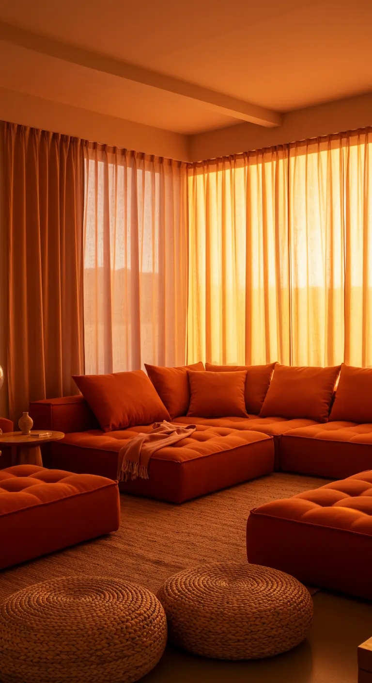 Salón bañado en luz anaranjada con un gran sofá modular color teja y pufs de yute.