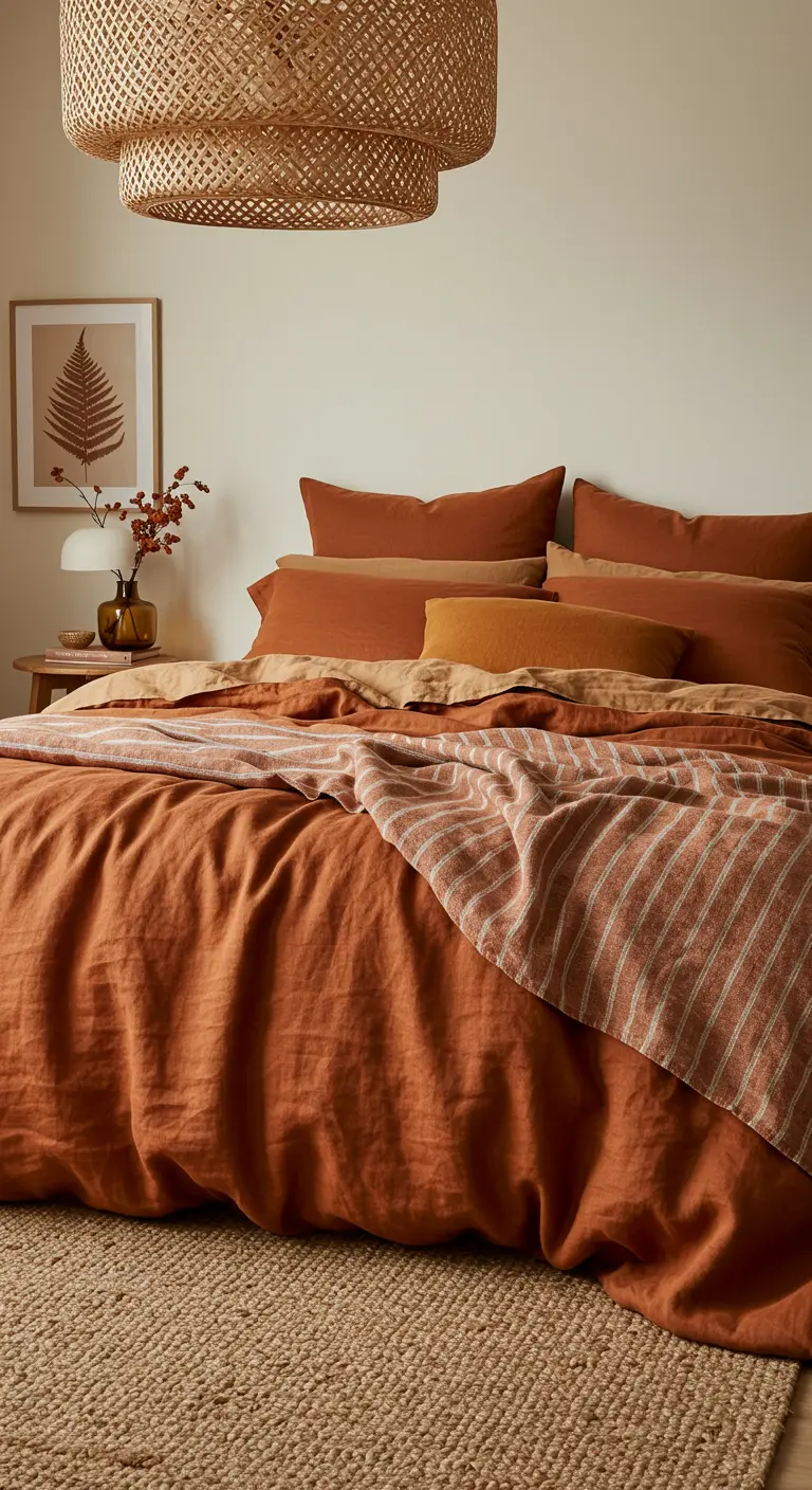 Dormitorio decorado con ropa de cama y cojines en diferentes tonos y texturas de terracota.