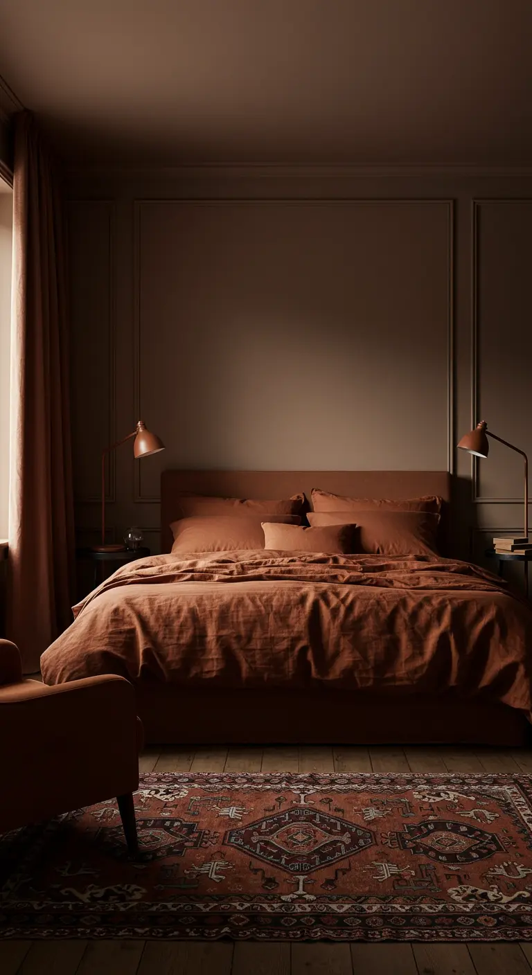 Dormitorio oscuro y acogedor con paredes y ropa de cama en diferentes tonos de terracota y marrón