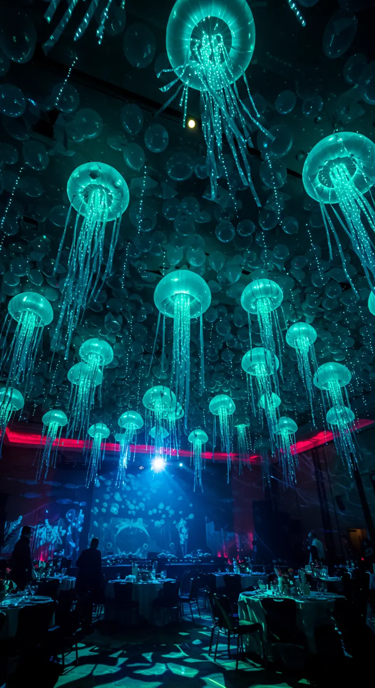 Techo de una fiesta decorado con globos que parecen medusas luminosas de color turquesa.