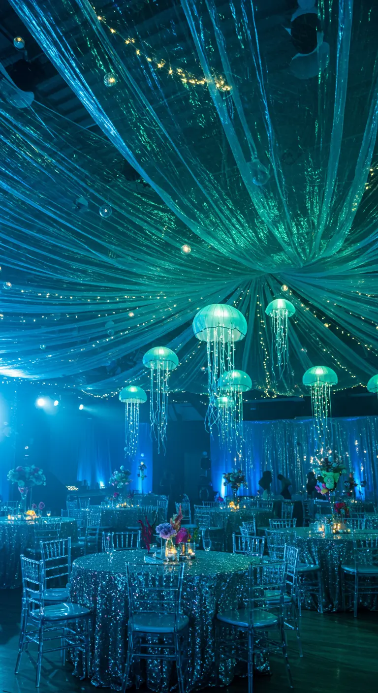 Salón de fiestas decorado como un océano con telas azules y medusas luminosas colgantes.