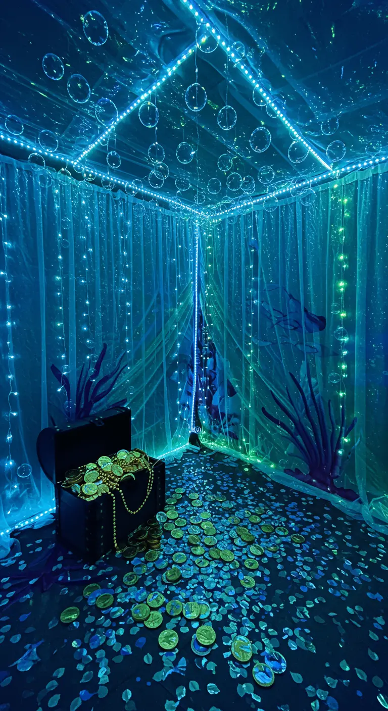 Habitación temática bajo el mar con luces azules, un cofre del tesoro y confeti de monedas.