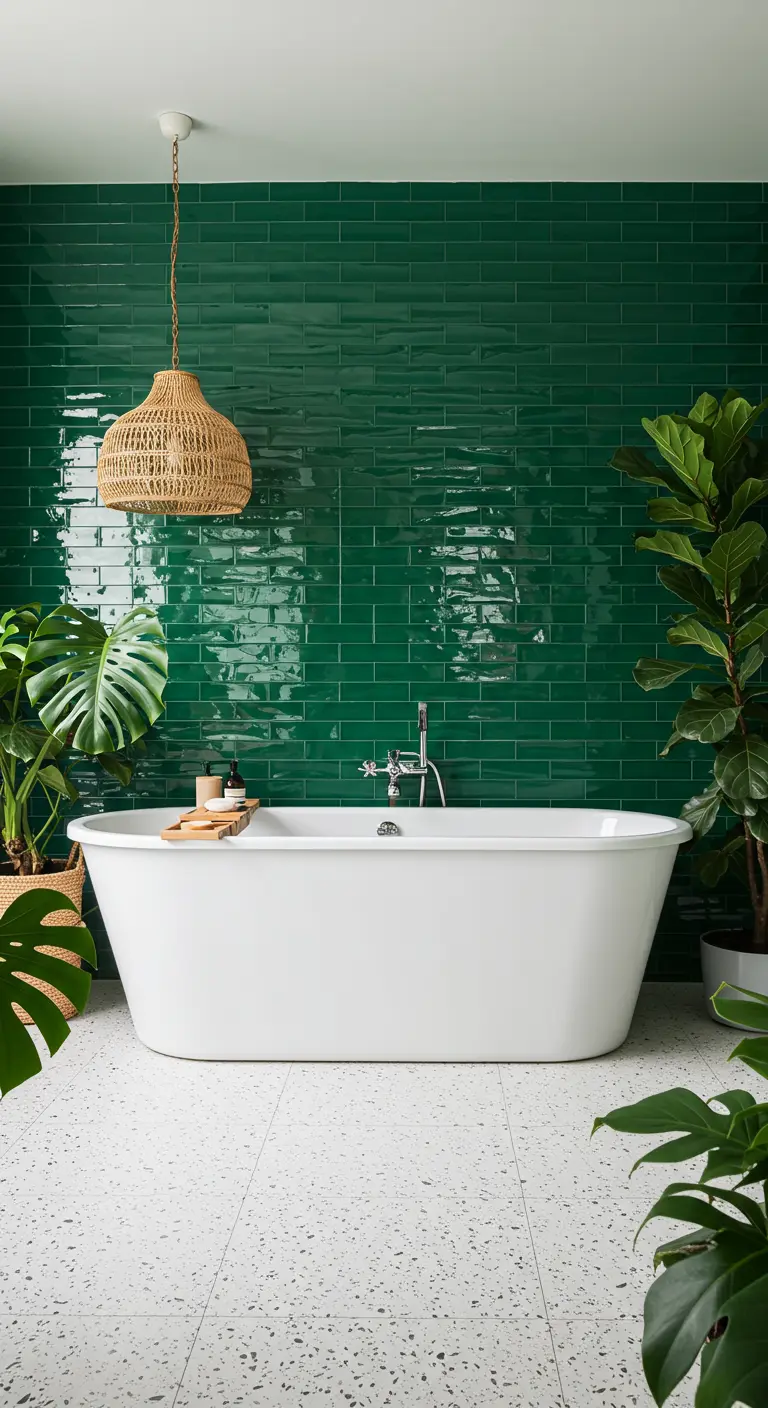 Baño con pared de azulejos verde esmeralda, bañera exenta y grandes plantas.