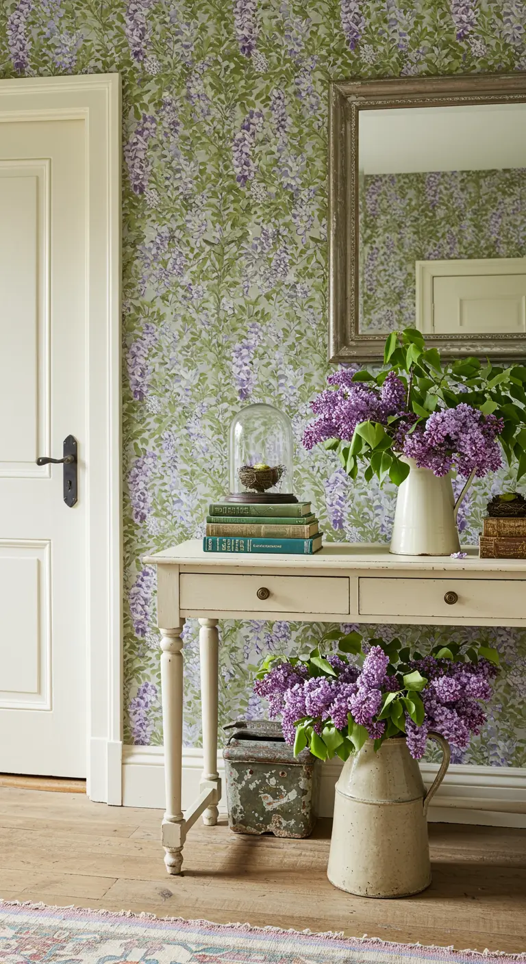 Consola blanca contra una pared con papel pintado de glicinas, decorada con libros y jarrones de lilas.