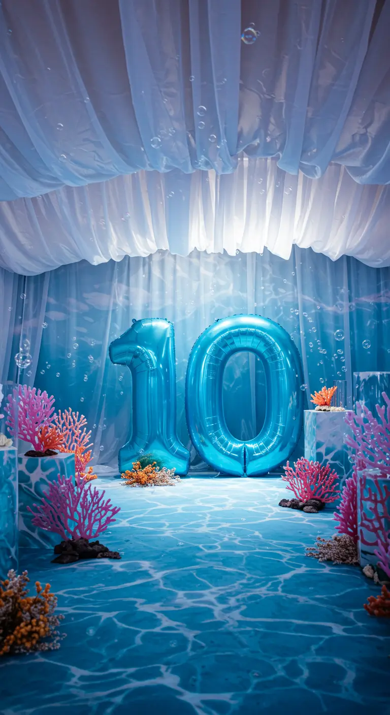 Fondo submarino con globos azules del número 10, telas blancas y corales de colores.