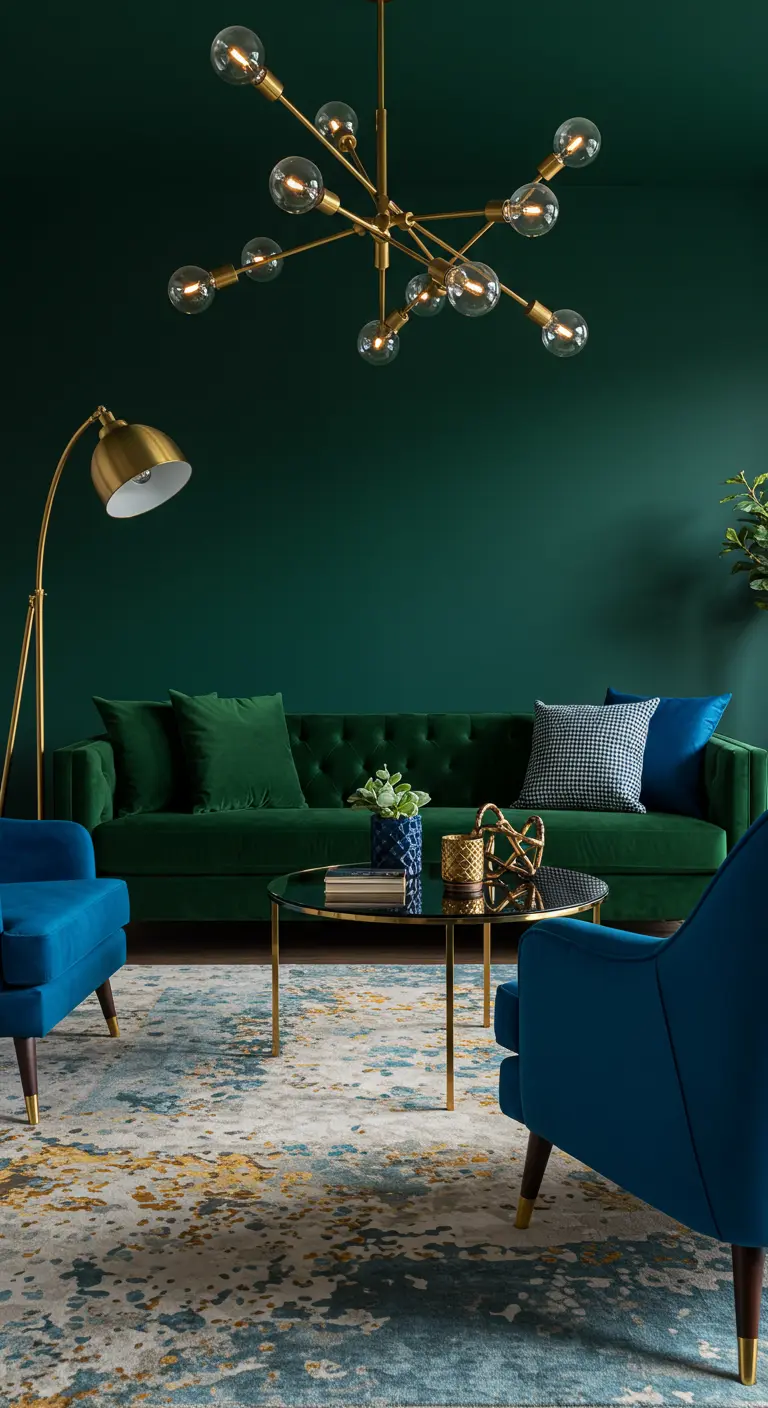 Salón monocromático con paredes y sofá de terciopelo en verde oscuro, y acentos en azul y dorado.