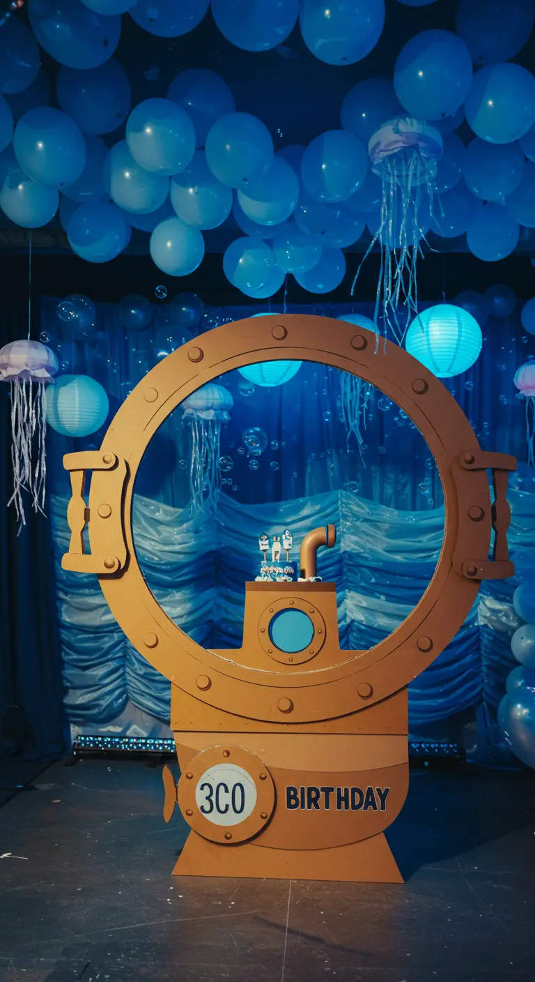 Marco de photocall gigante con forma de escotilla de submarino naranja para cumpleaños.