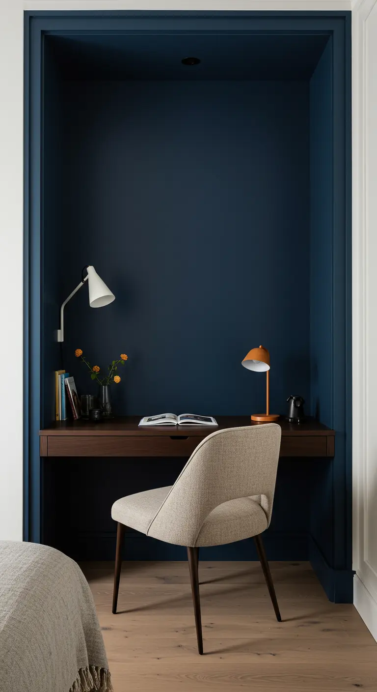 Nicho de oficina pintado de azul oscuro con escritorio de madera y silla tapizada en tela beige.