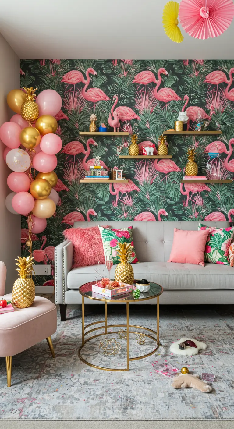 Sala de estar con papel tapiz de flamencos, sofá gris, cojines rosas y globos dorados.