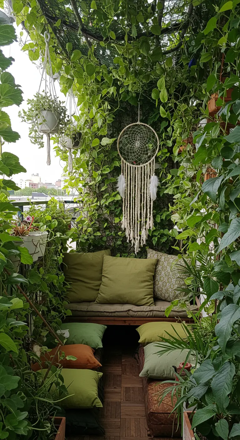 Balcón estrecho y exuberante, completamente cubierto de plantas verdes, con un banco y cojines.