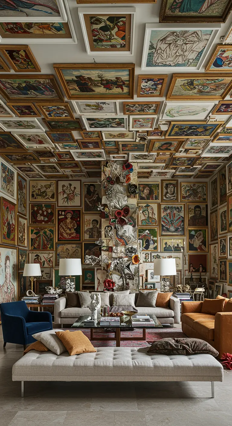 Sala de estar donde la pared de galería se extiende por las paredes y el techo, cubriendo toda la habitación