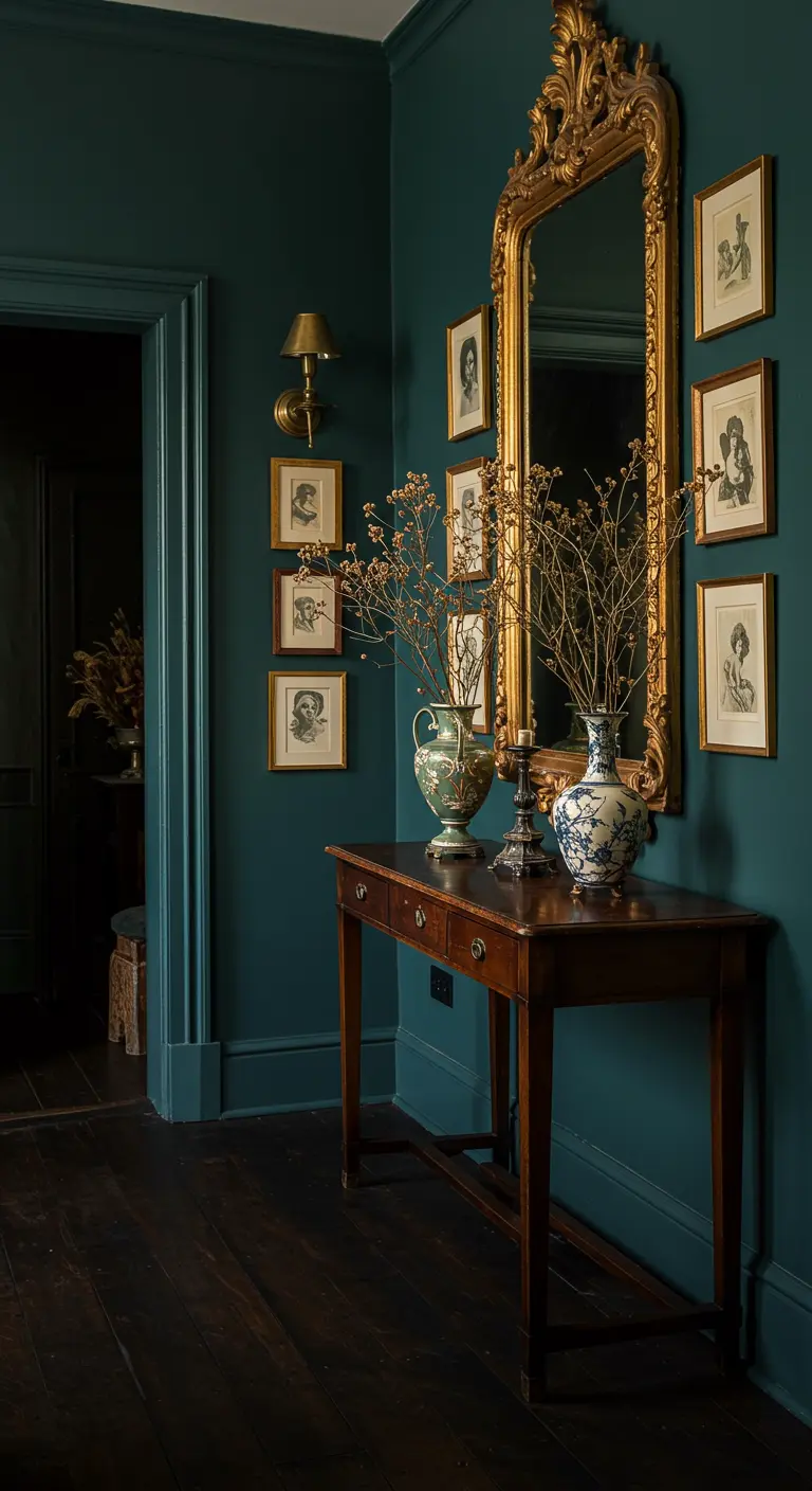 Recibidor oscuro y dramático con paredes verde azulado, espejo dorado alto y galería de arte.