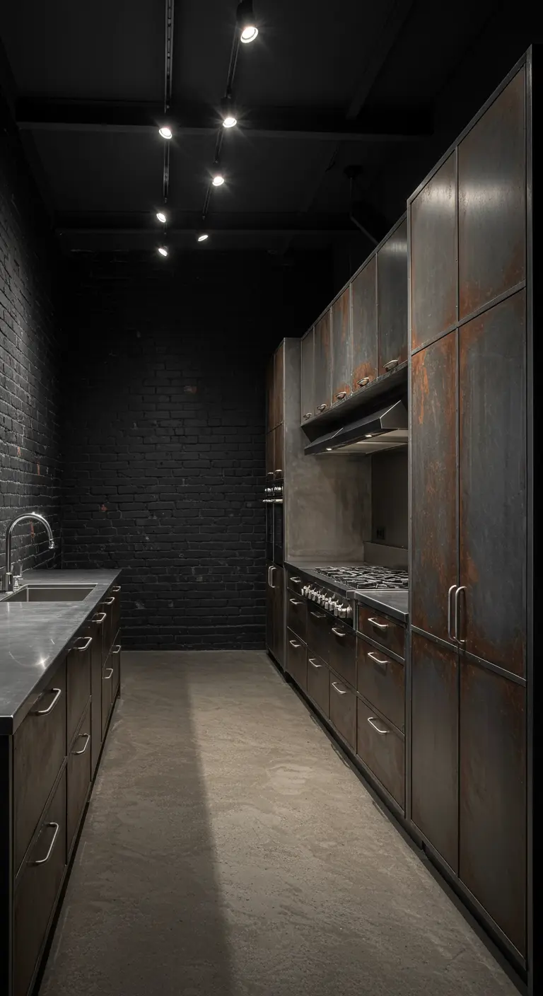 Cocina industrial alargada con paredes y ladrillos pintados de negro y armarios de acero oscuro.