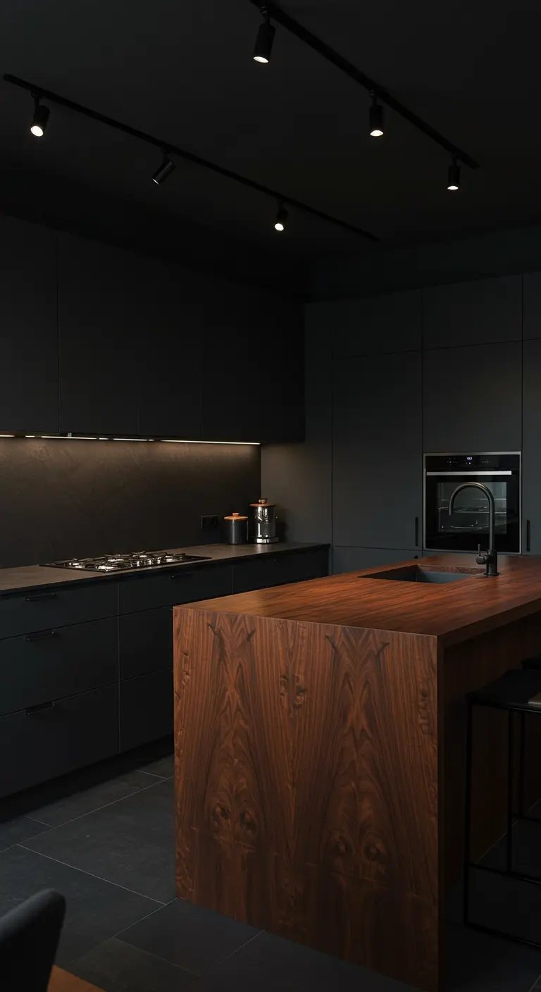 Cocina oscura con armarios negros, isla de madera de nogal y focos en riel.