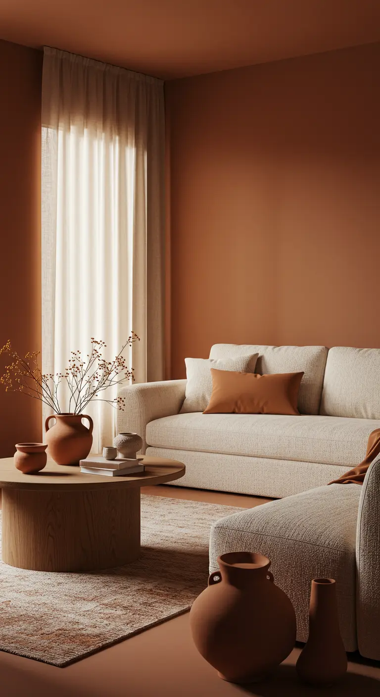Sala de estar con paredes y decoración en tonos terracota y un sofá de color claro.