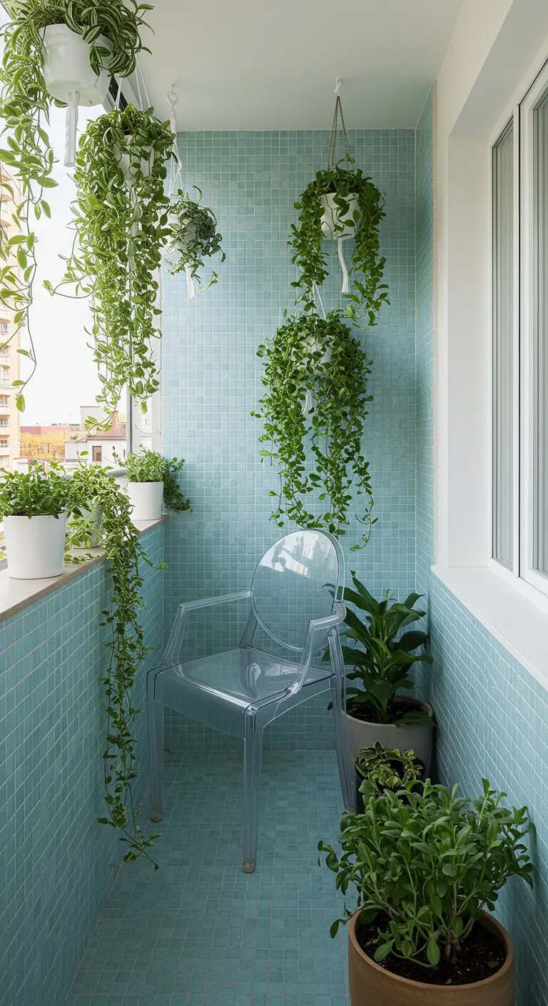Balcón estrecho completamente revestido de mosaicos aguamarina, con una silla transparente y plantas colgantes.